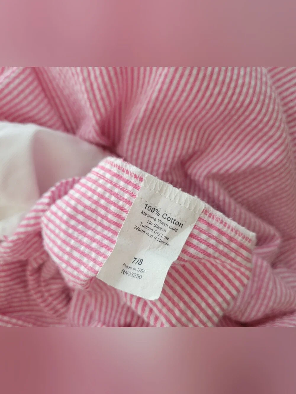 Girls Pink Seersucker Nightgown C Monogram Sz 7/8 Smocked Bishop Flutter Dress